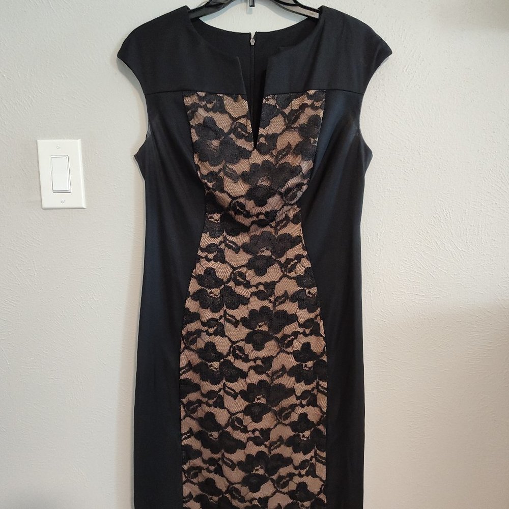 Black Lace-Overlay Dress with Capped Sleeves Size 10